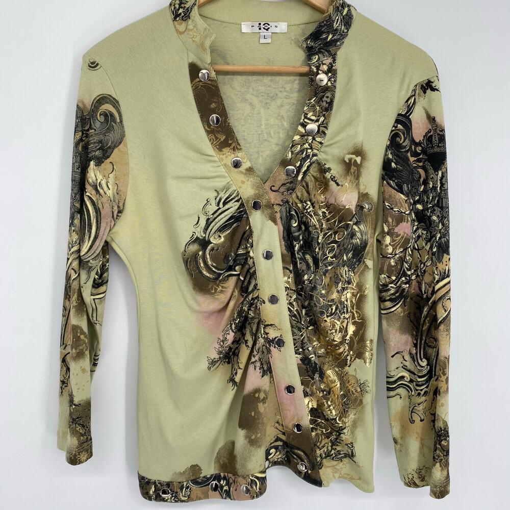 Paris IQ Vintage Top Large 90s Y2K Jersey‎ Knit Button Top Asymmetrical Fairy